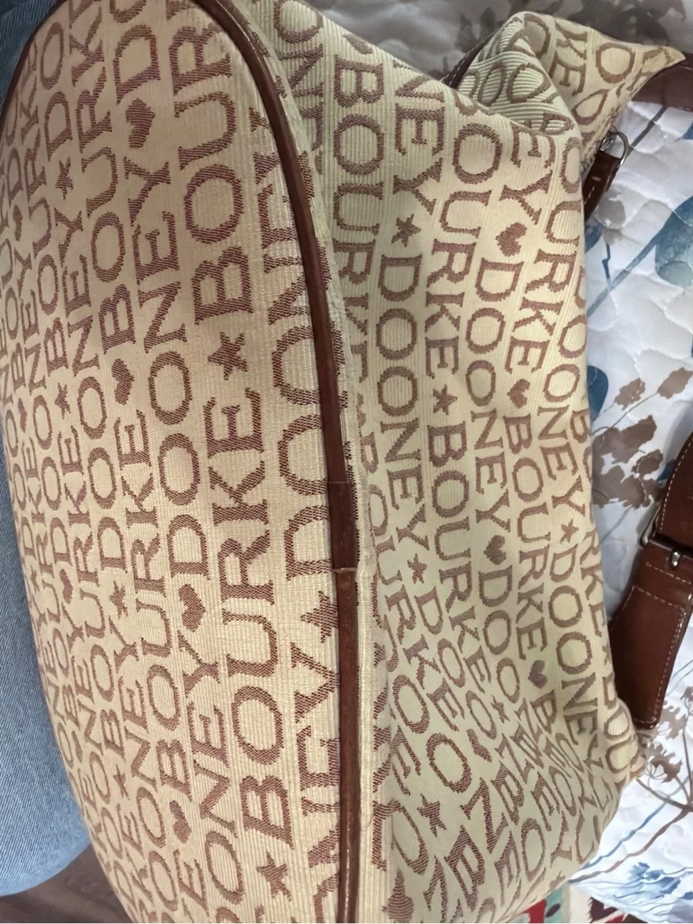 Vintage Dooney & Bourke Full Name Logo Canvas Shoulder Bag Brown Leather